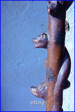 Rare Canne ancienne art populaire 17 animaux sculptée homme polychromie xix ème