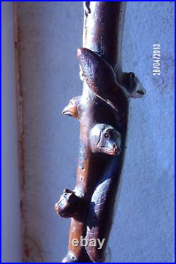 Rare Canne ancienne art populaire 17 animaux sculptée homme polychromie xix ème