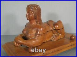 Rare Encrier Ancien Bois Sculpte Style Foret Noire Decor Egypte Sphinge