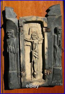 Rare ancien Triptyque bois sculpté Jesus Marie Joseph art religieux carved wood