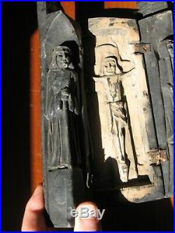Rare ancien Triptyque bois sculpté Jesus Marie Joseph art religieux carved wood