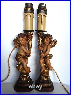 Rare ancienne paire de lampes statuettes anges en bois sculpté ANRI Italie