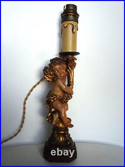 Rare ancienne paire de lampes statuettes anges en bois sculpté ANRI Italie