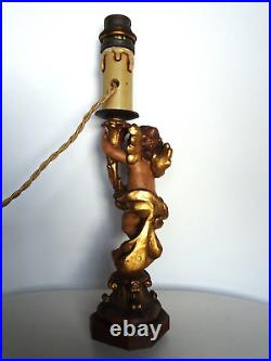 Rare ancienne paire de lampes statuettes anges en bois sculpté ANRI Italie