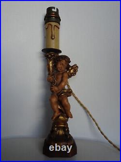 Rare ancienne paire de lampes statuettes anges en bois sculpté ANRI Italie