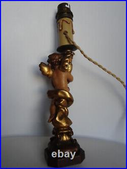 Rare ancienne paire de lampes statuettes anges en bois sculpté ANRI Italie