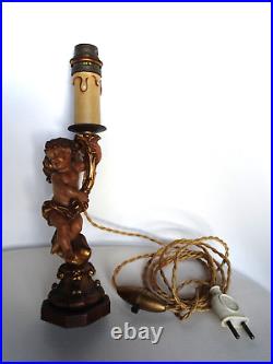 Rare ancienne paire de lampes statuettes anges en bois sculpté ANRI Italie