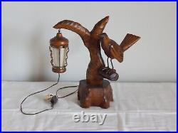 SUPERBE ANCIENNE Lampe ALDO TURA ITALIE en Bois Sculpté Forme OISEAU Circa 1950