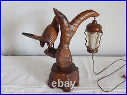 SUPERBE ANCIENNE Lampe ALDO TURA ITALIE en Bois Sculpté Forme OISEAU Circa 1950