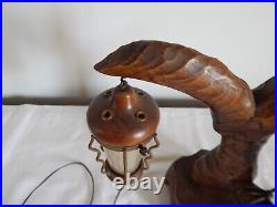 SUPERBE ANCIENNE Lampe ALDO TURA ITALIE en Bois Sculpté Forme OISEAU Circa 1950