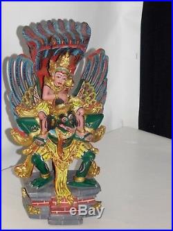 Sculpture Ancienne Sculptés Bois Polychrome 1950 Garuda Dieu Bali Indonésie Rare