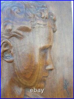 Sculpture Bois Sculpte Bas Relief Profil Signe Wagner Ancien Antique Wood