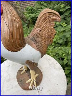 Sculpture en bois ancienne coq polychrome XIX Statue Oiseau Bois Sculpté ancien