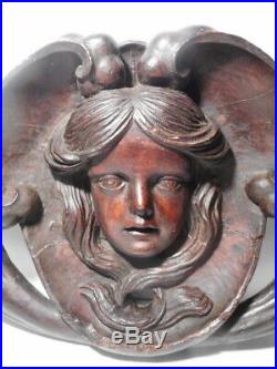 Sculpture statue ancienne bois sculpté tete masque femme corne d'abondance