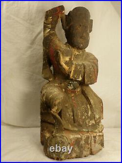 Statue Chinoise Bois Sculptee Ancien Reliquaire / Voeux Asiatique Chine N°3