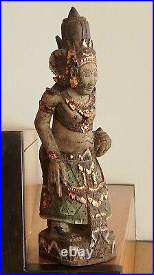 Statue ancienne divinité thaïlandaise en bois sculptée polychrome Asie
