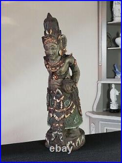 Statue ancienne divinité thaïlandaise en bois sculptée polychrome Asie