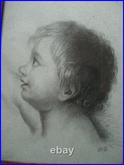 Superbe dessin ancien XIXe 1858 portrait d'enfant beau cadre bois sculpté
