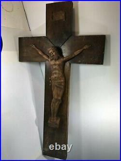 Superbe grand Christ en bois sculpté, 69 cm, Croix, crucifix, ancien