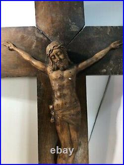 Superbe grand Christ en bois sculpté, 69 cm, Croix, crucifix, ancien