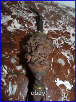 Superbe rare ancienne Pipe Sculptée en Bois Chasse Art Populaire Sanglier Chiens