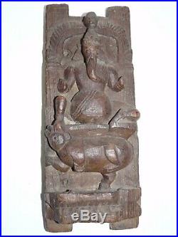 Tres Ancien Panneau De Bois Sculpte Divinite Ganesha Ganesh Xviii-xix Bas Relief