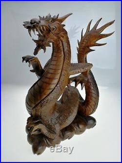 Très Grand Dragon Ancien, en Bois D'Acajou Sculpté. Statue, Sculpture