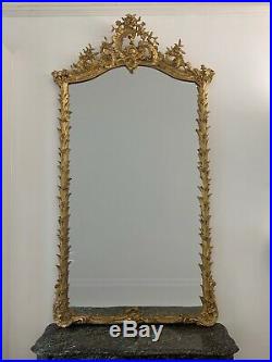 Très Rare Grand Ancien miroir doré Louis XV sculpté feuilles Palmier Coquille