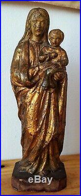 Vierge à l'enfant ancienne en bois sculpté doré 23 cm