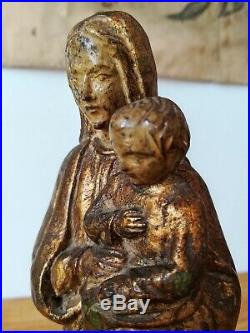 Vierge à l'enfant ancienne en bois sculpté doré 23 cm